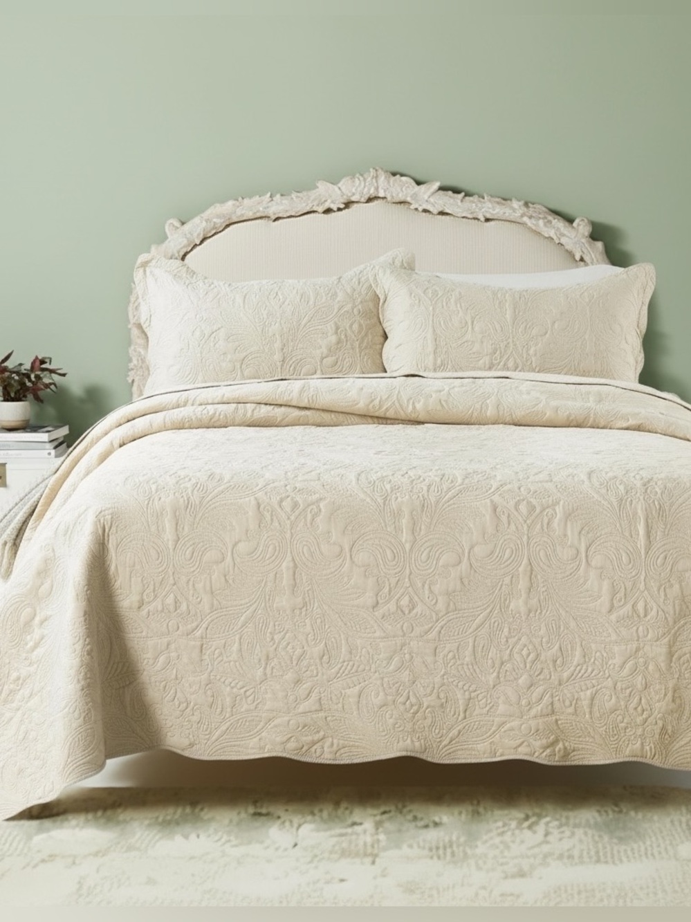NEW Anthro White Cream Queen King Reversible Quilt Bedspread Blanket & Sham Set